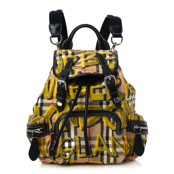 BURBERRY Calfskin Vintage Check Graffiti Print Small Rucksack Backpack Yellow