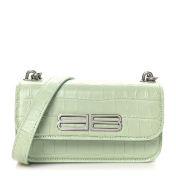 BALENCIAGA Extra Supple Calfskin Crocodile Embossed Gossip Chain Bag XS Light Green