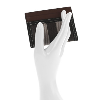 BURBERRY E-Canvas Calfskin Sandon Check Card Case Dark Birch