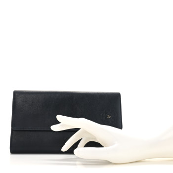 CHANEL Goatskin Camellia Embossed Flap Wallet Black CHANEL Goatskin Camellia Embossed Flap Wallet Black