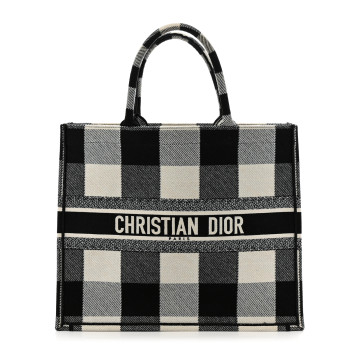 CHRISTIAN DIOR Canvas Embroidered Checkered Book Tote Black White