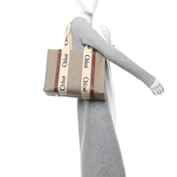 CHLOE Cotton Calfskin Medium Woody Ribbon Tote White Brown CHLOE Cotton Calfskin Medium Woody Ribbon Tote White Brown