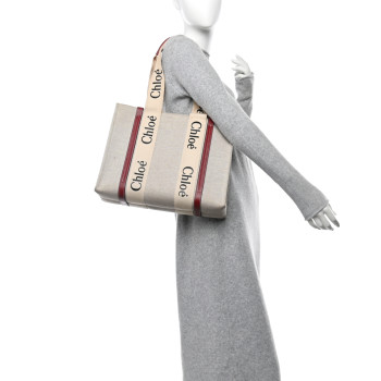 CHLOE Linen Calfskin Medium Woody Ribbon Tote White Brown CHLOE Linen Calfskin Medium Woody Ribbon Tote White Brown