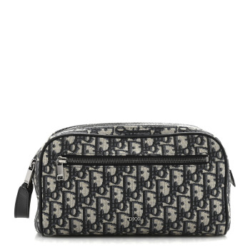 CHRISTIAN DIOR Oblique Jacquard Grained Calfskin Toiletry Bag Blue Black