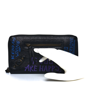 BALENCIAGA Agneau Arena Graffiti All Over Classic Hardware Continental Zip Around Wallet Black Bleu Violet