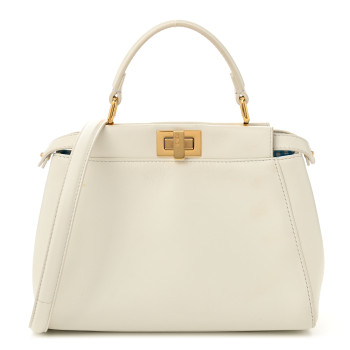 FENDI Nappa Vitello Gingham Embossed Mini Peekaboo Iconic Satchel White Ice Light Blue