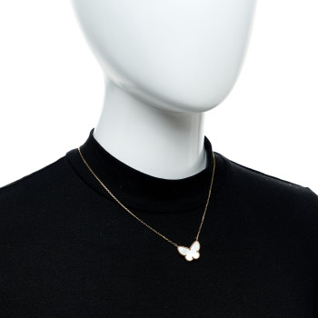 VAN CLEEF & ARPELS 18k Yellow Gold Mother of Pearl Lucky Alhambra Butterfly Pendant Necklace