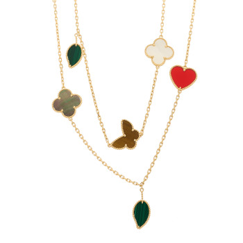 VAN CLEEF & ARPELS 18K Yellow Gold Mother of Pearl Malachite Carnelian Tiger Eye 12 Motif Lucky Alhambra Necklace
