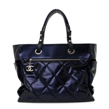 CHANEL Metallic Coated Canvas Quilted Large Paris Biarritz Tote Blue CHANEL Metallic Coated Canvas Quilted Large Paris Biarritz Tote Blue