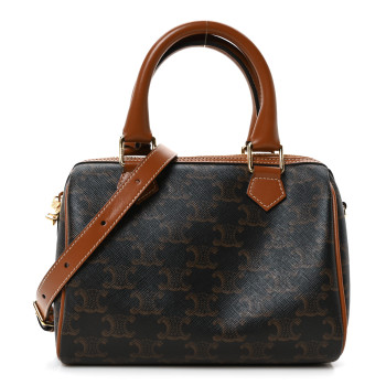 CELINE Triomphe Canvas Calfskin Small Boston Bag Tan CELINE Triomphe Canvas Calfskin Small Boston Bag Tan