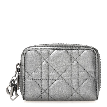 CHRISTIAN DIOR Metallic Calfskin Cannage Compact Zip Card Wallet Silver