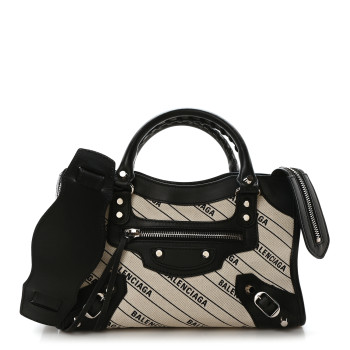 BALENCIAGA Canvas Satin Calfskin Diagonal Allover Logo Print Classic Silver Hardware Mini City Natural Black