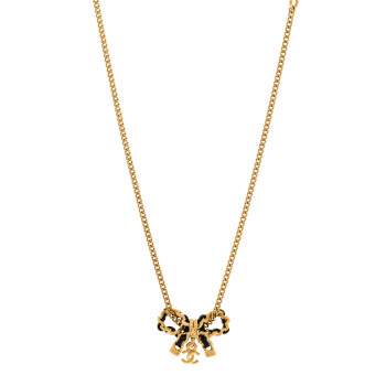 CHANEL Metal Lambskin Chain CC Bow Necklace Black Gold CHANEL Metal Lambskin Chain CC Bow Necklace Black Gold
