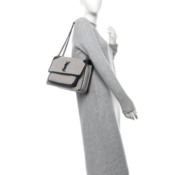 SAINT LAURENT Cotton Canvas Striped Vintage Calfskin Monogram Medium Niki Chain Satchel Grey Cream Black SAINT LAURENT Cotton Canvas Striped Vintage Calfskin Monogram Medium Niki Chain Satchel Grey Cream Black