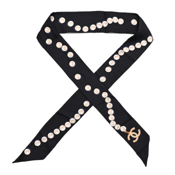 CHANEL Silk Pearl CC Slim Bandeau Scarf Dark Navy