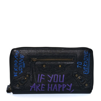BALENCIAGA Agneau Arena Graffiti All Over Classic Hardware Continental Zip Around Wallet Black Bleu Violet