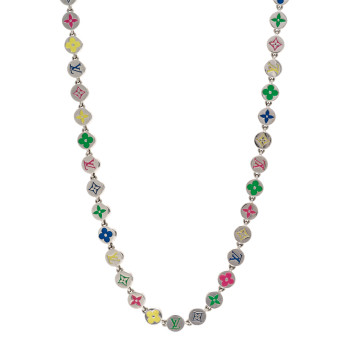 LOUIS VUITTON Metal Enamel Monogram Necklace Silver Multicolor LOUIS VUITTON Metal Enamel Monogram Necklace Silver Multicolor