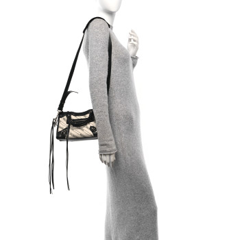 BALENCIAGA Canvas Satin Calfskin Diagonal Allover Logo Print Classic Silver Hardware Mini City Natural Black