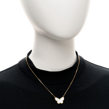 VAN CLEEF & ARPELS 18K Yellow Gold Mother of Pearl Lucky Alhambra Butterfly Pendant Necklace