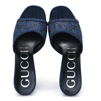GUCCI Denim Crystal GG Monogram Mules 38 Blue
