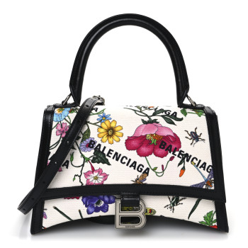 BALENCIAGA X GUCCI Canvas Boarded Plutone Calfskin Flora Logo Print Small Hourglass Top Handle Bag White Multicolor Black