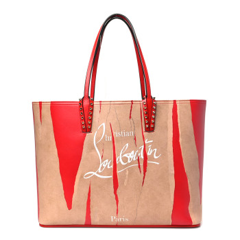 CHRISTIAN LOUBOUTIN Calfskin Spikes Loubi Print East West Cabata Tote Kraft Red CHRISTIAN LOUBOUTIN Calfskin Spikes Loubi Print East West Cabata Tote Kraft Red