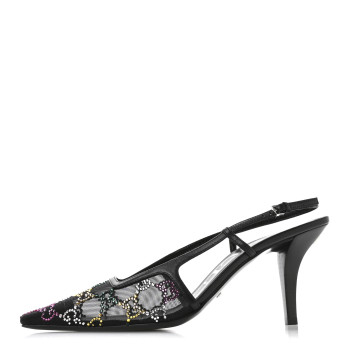 GUCCI Tela Retino Nappa Charlotte Crystal GG Monogram Square G 75mm Slingback Pumps 39.5 Black