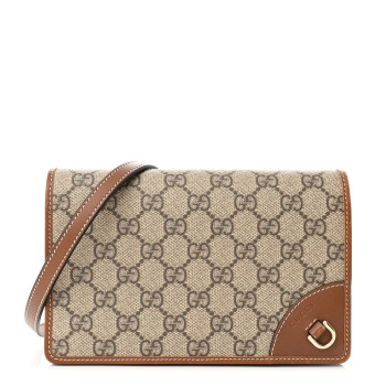 GUCCI GG Supreme Monogram Textured Calfskin Emblem Super Mini Shoulder Bag Beige Dark Brown