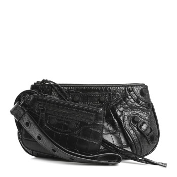 BALENCIAGA Extra Supple Calfskin Crocodile Embossed Monochrome Mini Le Cagole Multi Pouch Black