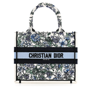 CHRISTIAN DIOR Canvas Embroidered Small Flowers Book Tote Blue