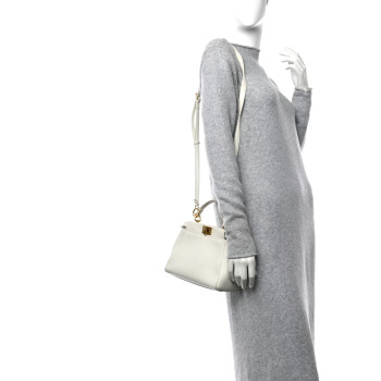 FENDI Nappa Vitello Gingham Embossed Mini Peekaboo Iconic Satchel White Ice Light Blue