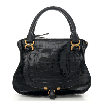 CHLOE Calfskin Crocodile Embossed Small Marcie Satchel Full Blue CHLOE Calfskin Crocodile Embossed Small Marcie Satchel Full Blue