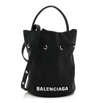 BALENCIAGA Recycled Sport Nylon Logo Embroidered Wheel Drawstring Bucket Bag Black White