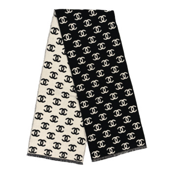 CHANEL Wool Cashmere CC Scarf Black White CHANEL Wool Cashmere CC Scarf Black White