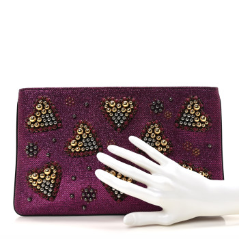 CHRISTIAN LOUBOUTIN Metallic Raffia Studded Loubiposh Chain Clutch Magenta CHRISTIAN LOUBOUTIN Metallic Raffia Studded Loubiposh Chain Clutch Magenta