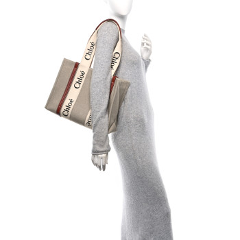 CHLOE Linen Calfskin Medium Woody Ribbon Tote White Brown CHLOE Linen Calfskin Medium Woody Ribbon Tote White Brown