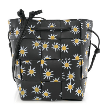 BOTTEGA VENETA Nappa Maxi Intrecciato Daisy Print Small Cassette Bucket Bag Black White Yellow BOTTEGA VENETA Nappa Maxi Intrecciato Daisy Print Small Cassette Bucket Bag Black White Yellow
