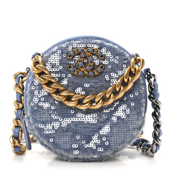 CHANEL Sequin Chanel 19 Round Clutch With Chain Light Blue CHANEL Sequin Chanel 19 Round Clutch With Chain Light Blue