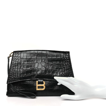 BALENCIAGA Calfskin Crocodile Embossed Medium Crush Pochette Clutch Black