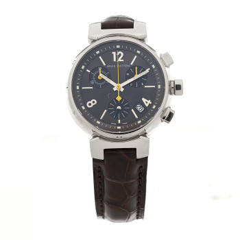 LOUIS VUITTON Stainless Steel Alligator 34mm Tambour Chronograph Quartz Watch Brown LOUIS VUITTON Stainless Steel Alligator 34mm Tambour Chronograph Quartz Watch Brown