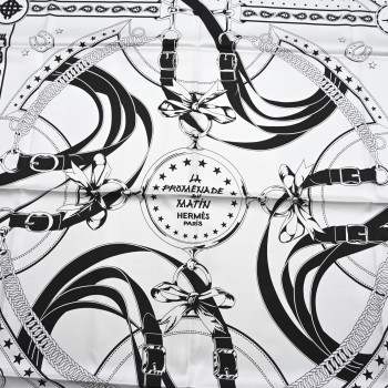 HERMES Cashmere Silk La Promenade du Matin Bandana Shawl 140 White Black Cuir HERMES Cashmere Silk La Promenade du Matin Bandana Shawl 140 White Black Cuir