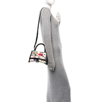 BALENCIAGA X GUCCI Canvas Boarded Plutone Calfskin Flora Logo Print Small Hourglass Top Handle Bag White Multicolor Black