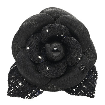 CHANEL Tweed Camellia Pin Brooch Black White CHANEL Tweed Camellia Pin Brooch Black White