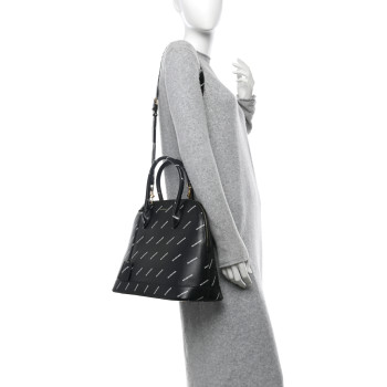 BALENCIAGA Calfskin Allover Logo M Ville Top Handle Bag Black