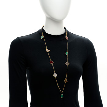 VAN CLEEF & ARPELS 18K Yellow Gold Mother of Pearl Malachite Carnelian Tiger Eye 12 Motif Lucky Alhambra Necklace