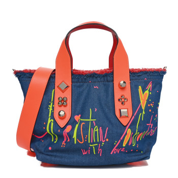 CHRISTIAN LOUBOUTIN Denim Printed Mini Frangibus Tote Blue Multicolor CHRISTIAN LOUBOUTIN Denim Printed Mini Frangibus Tote Blue Multicolor