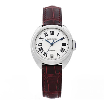 CARTIER Stainless Steel Alligator 35mm Cle De Cartier Automatic Watch Burgundy