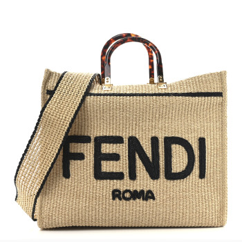 FENDI Straw Vitello King Plexiglass Woven Medium Fendi Sunshine Shopper Tote Natural Black