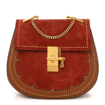 CHLOE Suede Smooth Calfskin Studded Mini Drew Shoulder Bag Sienna Red Brown CHLOE Suede Smooth Calfskin Studded Mini Drew Shoulder Bag Sienna Red Brown