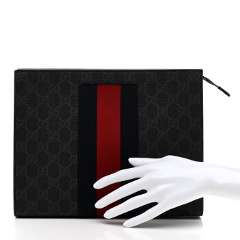 GUCCI GG Supreme Monogram Selleria Calfskin Web New Web Cosmetic Case Black
